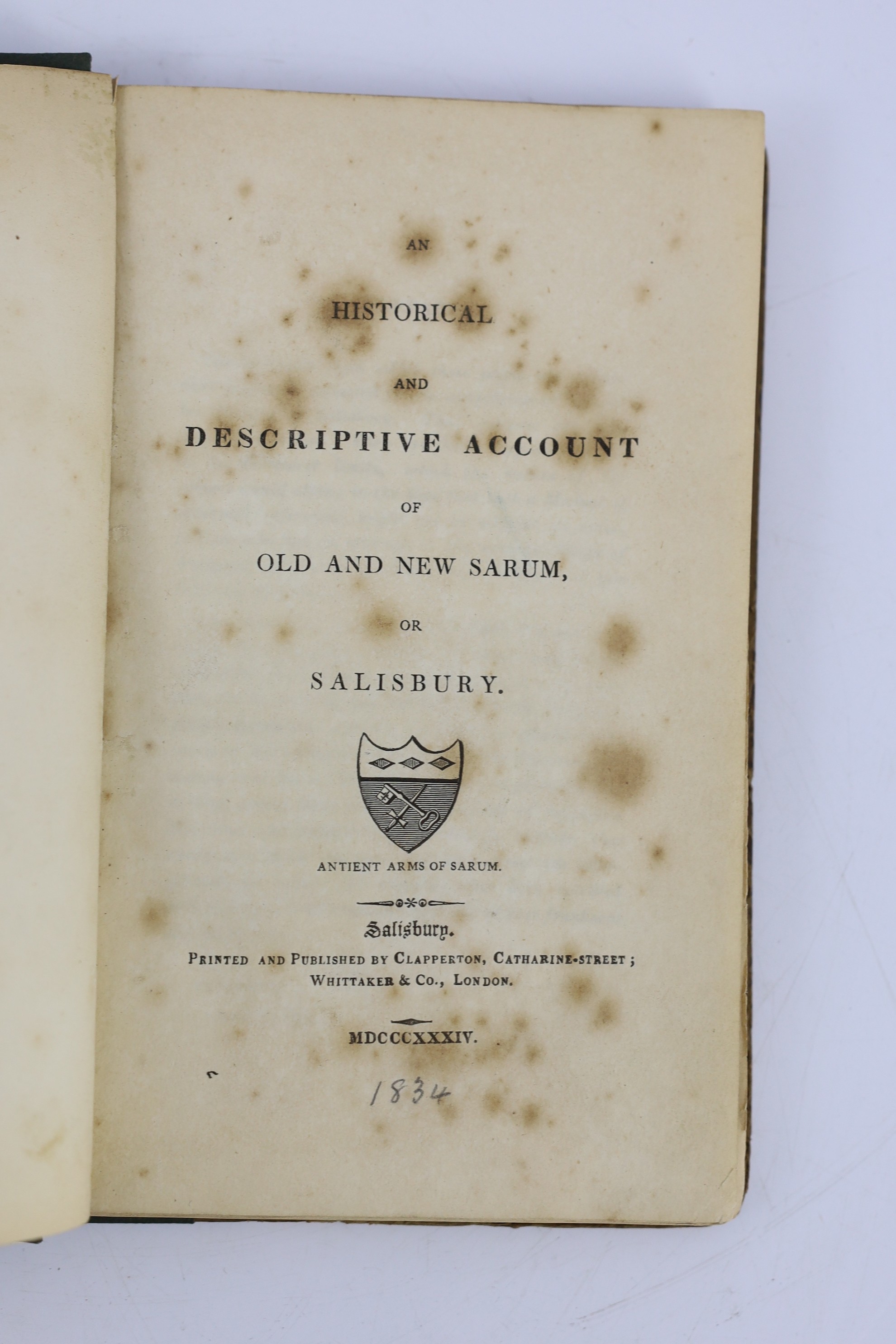 WILTS: Cassan, Rev. Stephen Hyde - Lives and Memoirs of the Bishops of Sherborne and Salisbury ... title vignette, plate, subscribers list; old grey boards and later cloth spine, uncut. Salisbury, 1824